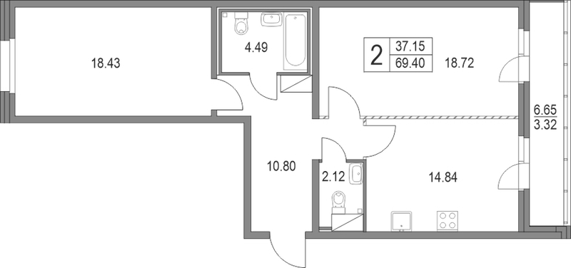 2-комнатная квартира 69.4 м², 4/19 эт., ЖК «Приморский квартал»